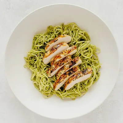 Pesto Chicken with Palm Noodles